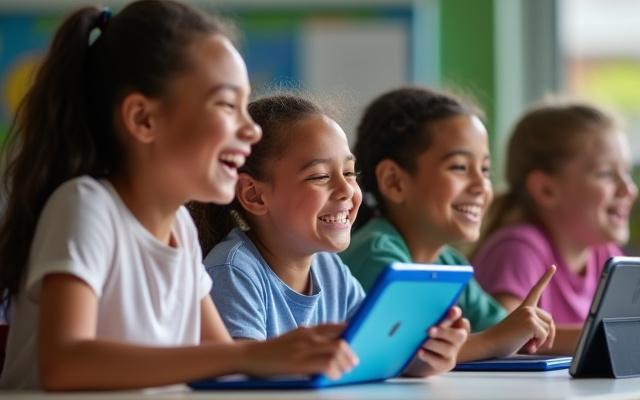 Students playing an educational game on tablets, enjoying learning.