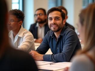 Group of professionals engaged in a workshop, looking at a presenter.